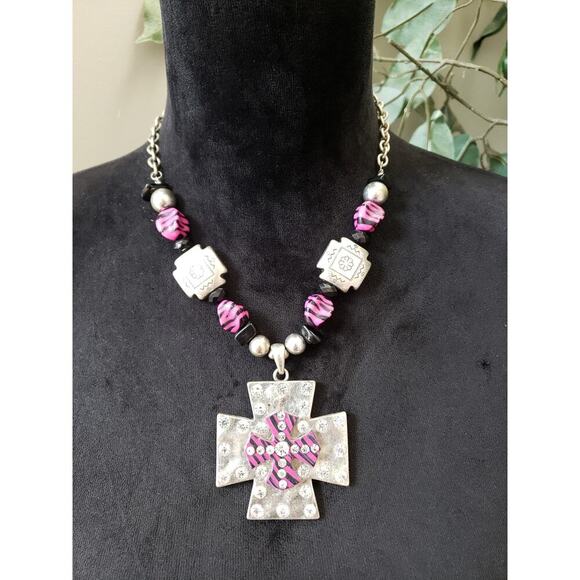 Unbranded Jewelry - Womens Silver Tone Enamel Beads Metal Cross Pendant Necklace with Rhinestone